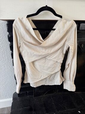 Theory Cream Draped Wrap-Style Long Sleeve Blouse